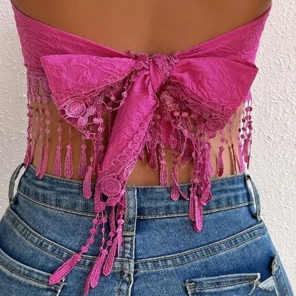 Pink printed crop top with lace up side detail main image 0